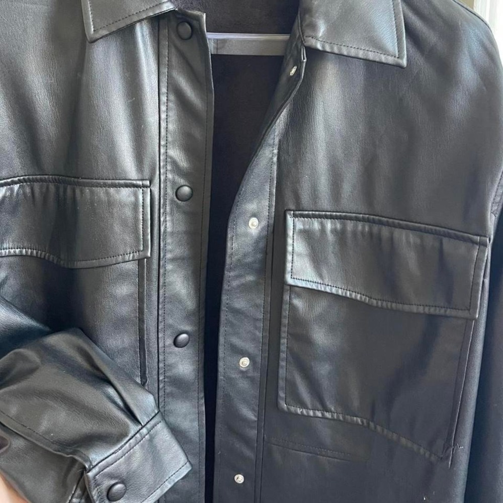 Zara Black Faux Leather Shirt Jacket Shacket Snap Button Front Mens M - Picture 4 of 5